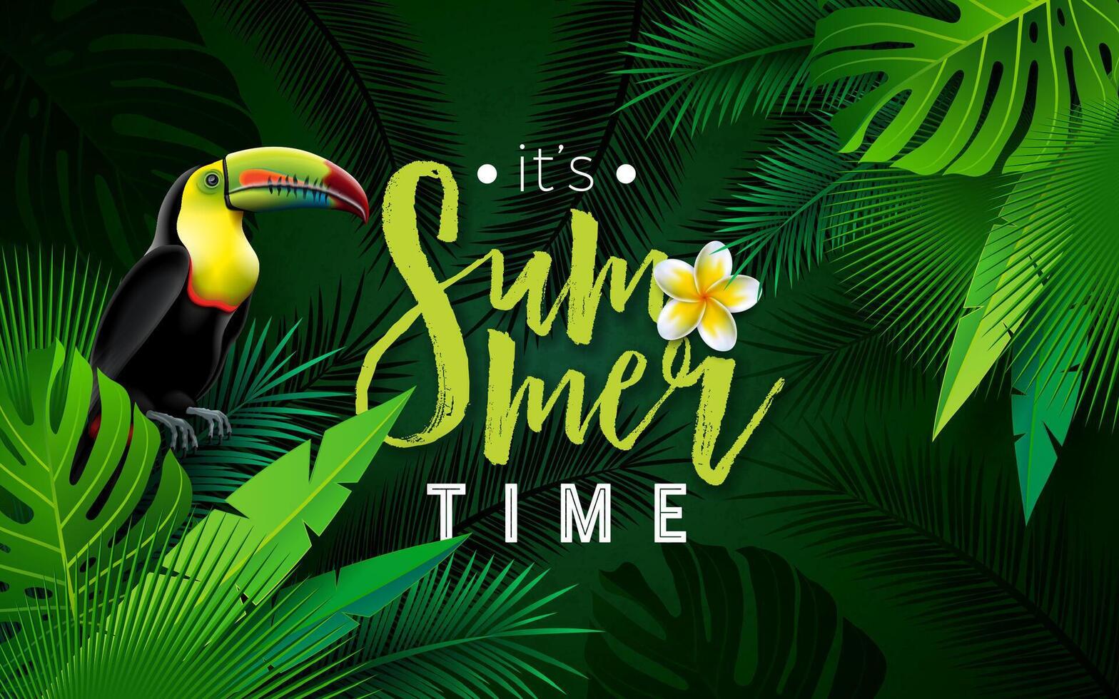 Sommer- Urlaub Design mit Tukan Vogel und tropisch Blume auf dunkel Grün Hintergrund. Typografie Illustration mit exotisch Palme Blätter und Phylodendron zum Banner, Flyer, Einladung, Broschüre vektor