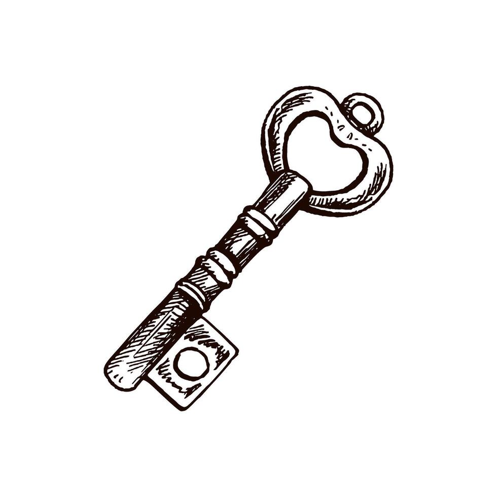 handgemalt Jahrgang dekorativ Schlüssel Skizzen mit kompliziert Schmieden. Tinte und Stift Zeichnung Illustration, Schlüssel auf Weiß Hintergrund. vektor