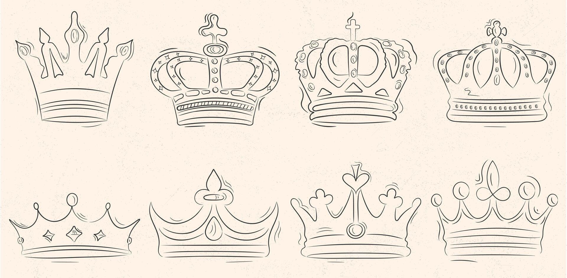 Krone skizzieren. einfach Krone Symbole, Hand gezeichnet. isoliert Symbole Illustration Satz. vektor