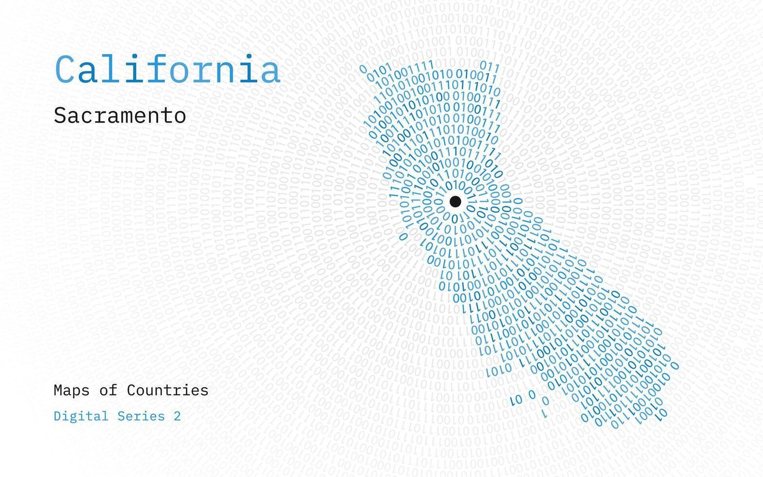 en Karta av kalifornien avbildad i nollor och de i de form av en cirkel. de huvudstad, sacramento, är visad i de Centrum av de cirkel vektor