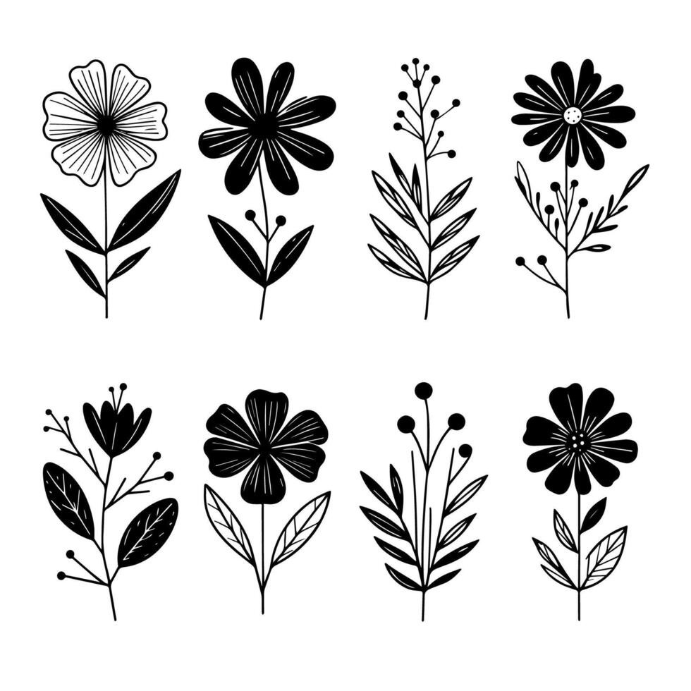 uppsättning av enkel blomma silhuetter i svartvit svart och vit hand dragen stil vektor