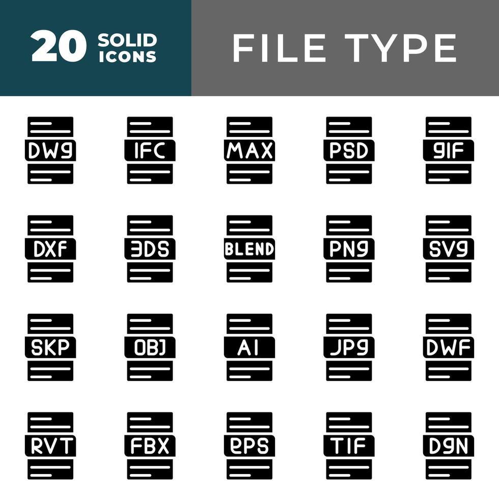 fil formatera ikoner uppsättning. förlängning filer fast ikon. dokumentera ikon. vektor