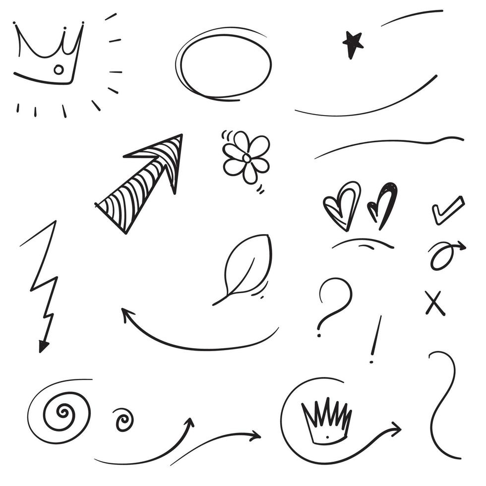 handgezeichnete Sammlung von Swishes, Swoops, Hervorhebungs-Doodles. Markieren Sie Textelemente, Kalligraphiewirbel, Schwanz, Blume, Herz, Graffiti-Krone. isolierter Hintergrund vektor