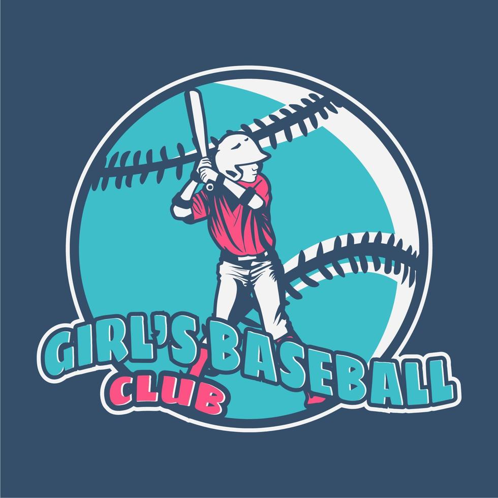 logo design flickans baseball klubb med slagman swing redo position vintage illustration vektor