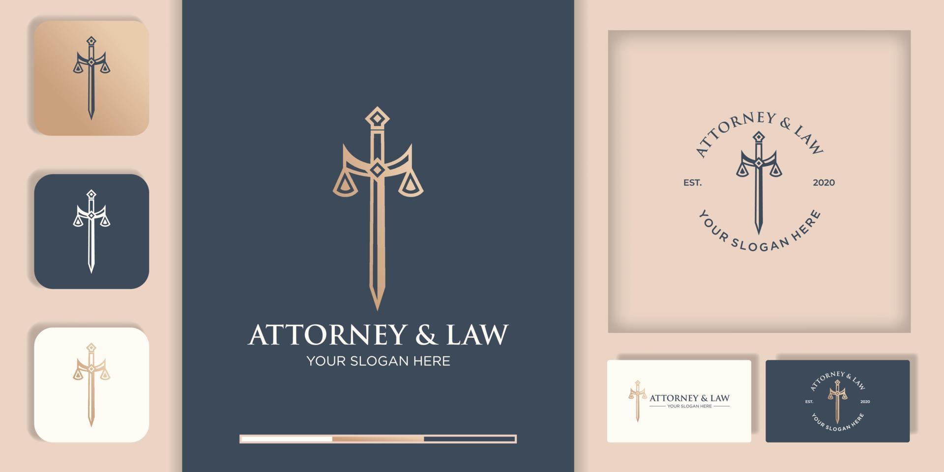 Gesetzeslogo-Design, Schwert der Gerechtigkeit und Visitenkarte vektor