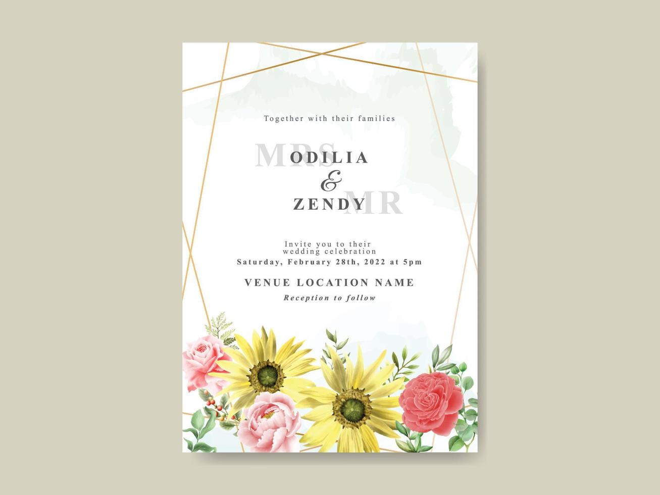 elegant mall för inbjudan för bröllopsinbjudan för solros och ros akvarell vektor