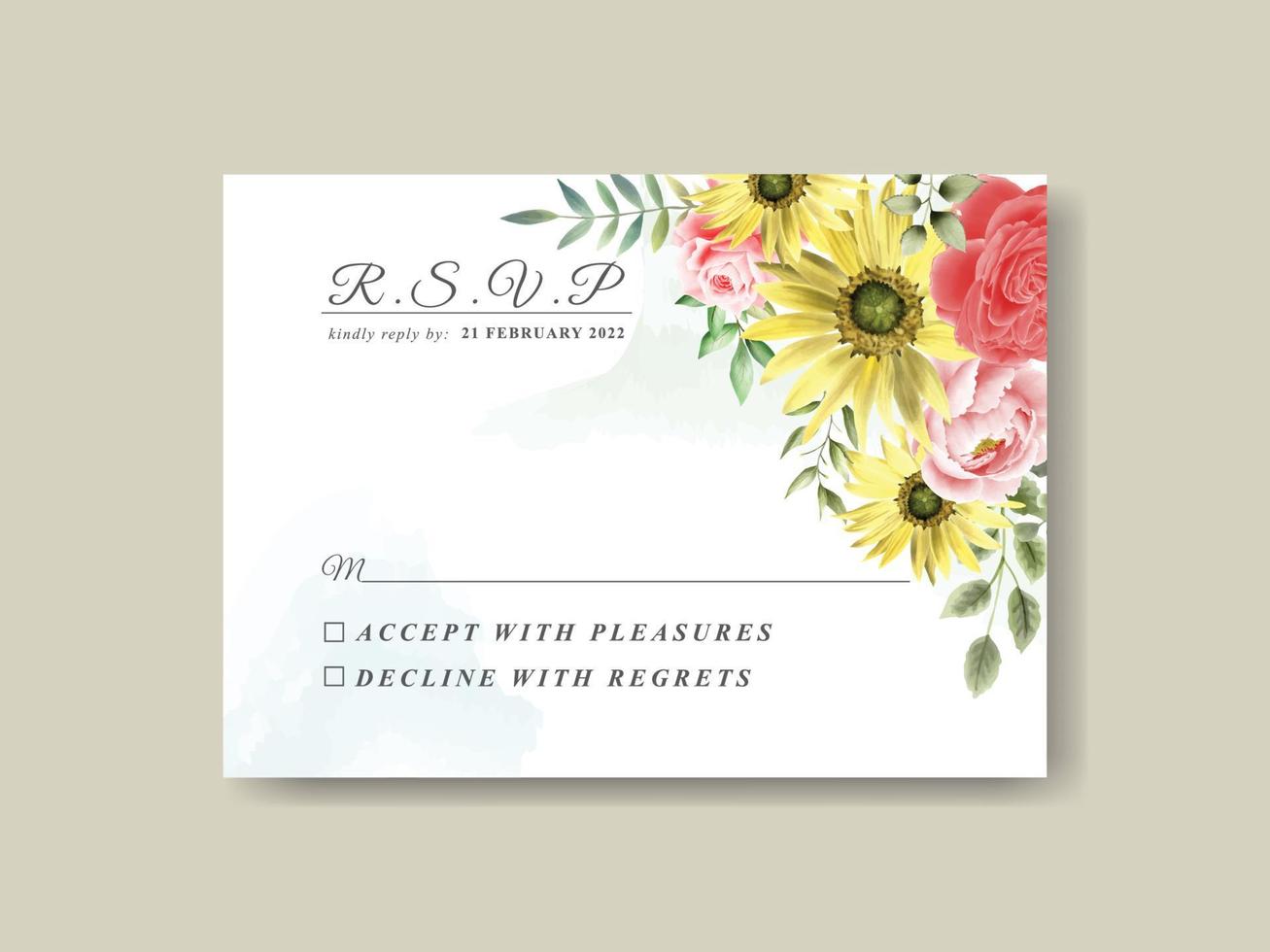 elegante Sonnenblumen- und Rosenaquarellhochzeitseinladungsschablone vektor