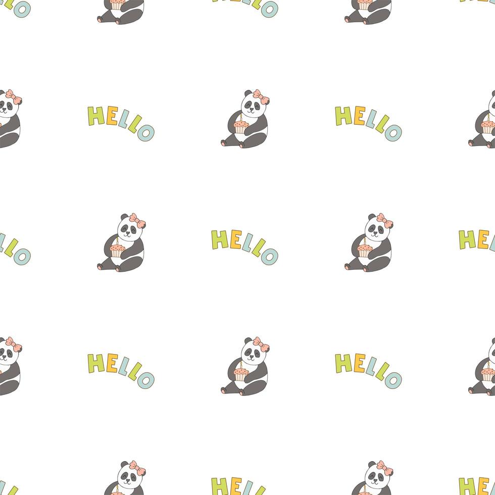 handgezeichnete süße tiere. nahtloses Muster. Panda, Cupcake mit Kerze. Hallo. weißer Hintergrund. Vektor. vektor