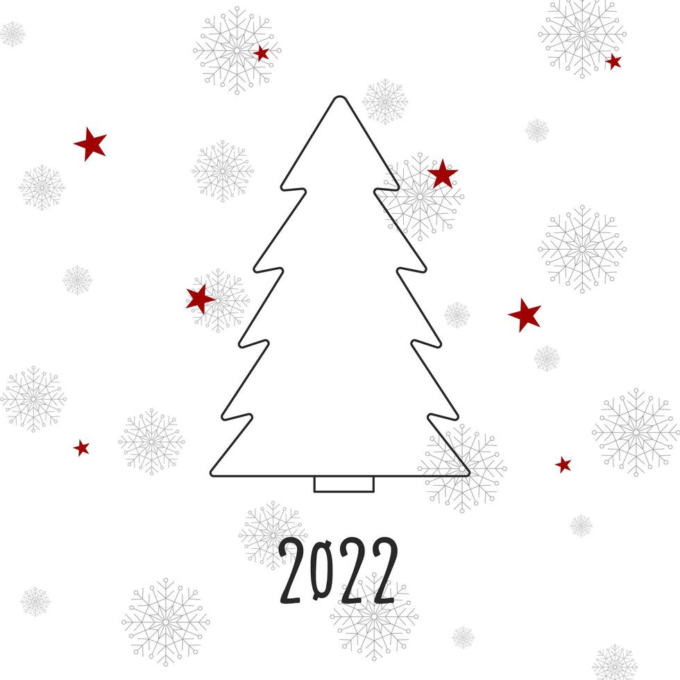 schwarze Silhouette eines Weihnachtsbaumes mit grauen Schneeflocken und roten Sternen. Frohe Weihnachten und ein glückliches neues Jahr 2022. Vektor-Illustration. vektor