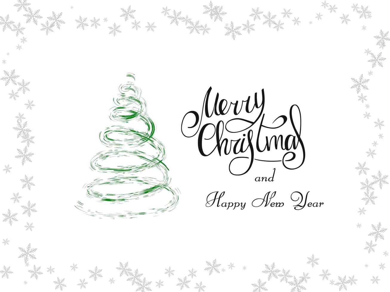 handgeschriebener schwarzer Schriftzug auf weißem Hintergrund. magischer grüner spiralförmiger Weihnachtsbaum mit grauen Schneeflocken. Frohe Weihnachten und einen guten Rutsch ins neue Jahr 2022. vektor