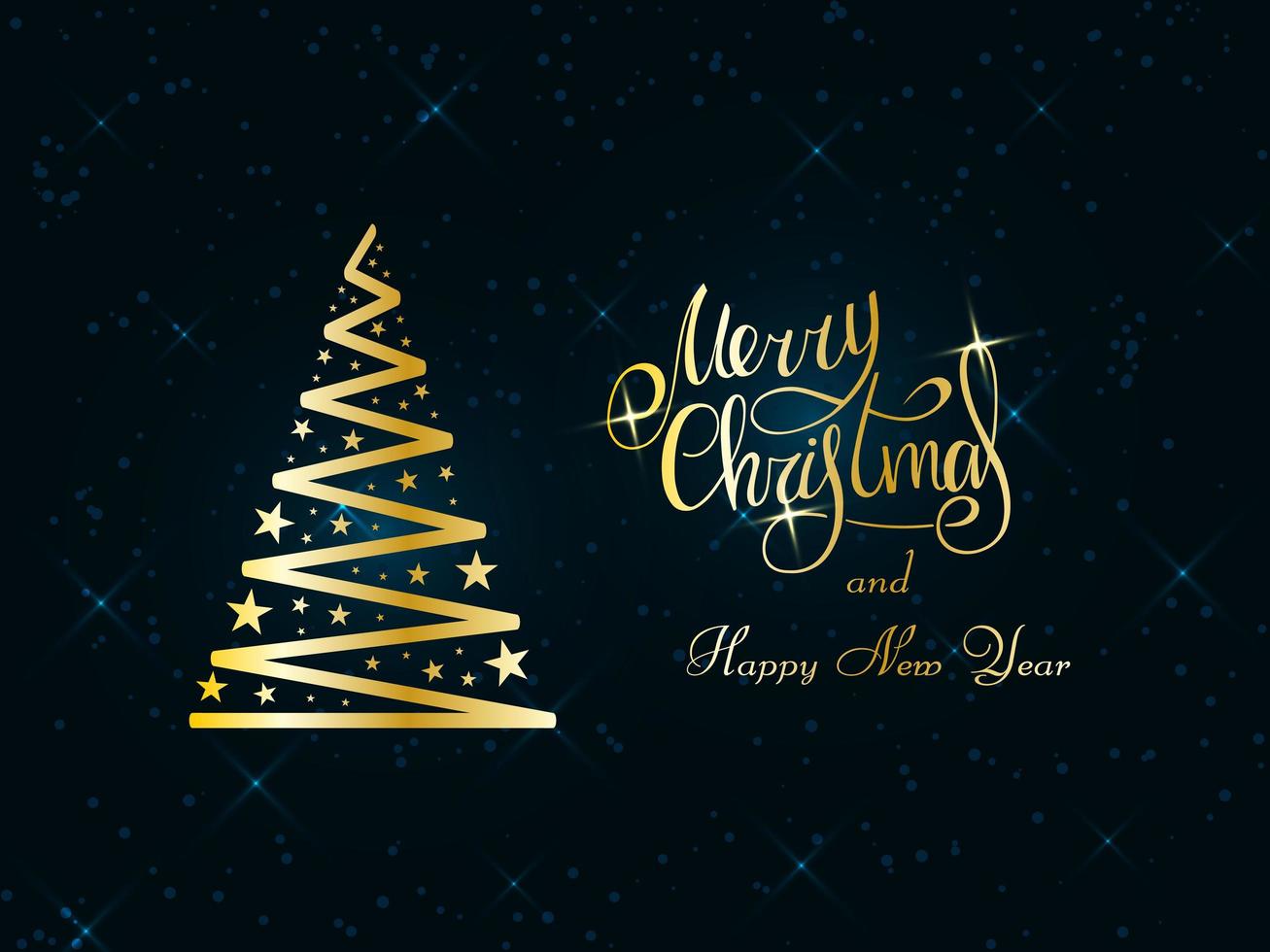 handskrivna gyllene bokstäver på en mörkblå bakgrund. magiska gyllene julgran med stjärnor. god jul och gott nytt år 2022. vektor
