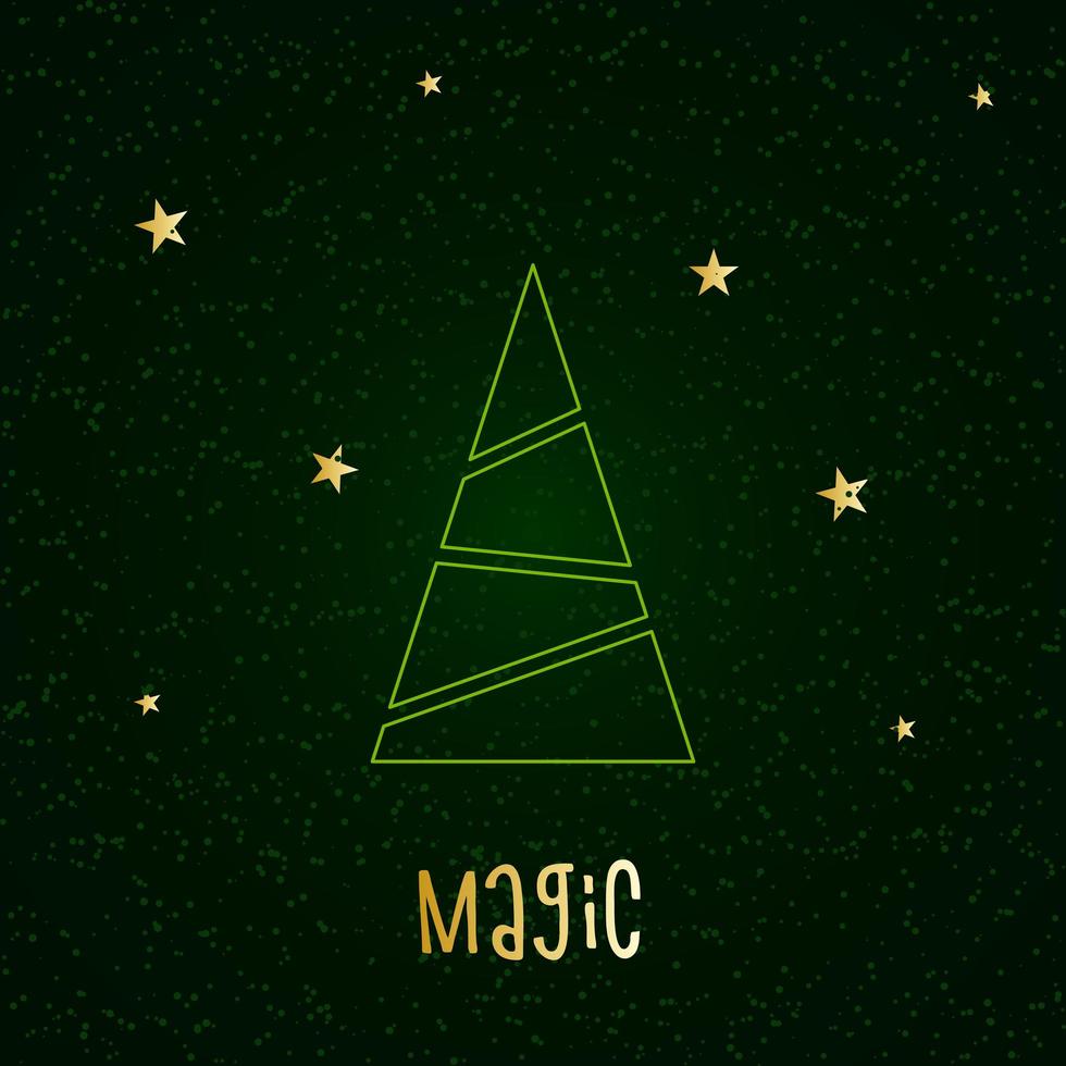 grüne Silhouette eines Weihnachtsbaumes mit Schnee und goldenen Sternen. Frohe Weihnachten und ein glückliches neues Jahr 2022. Vektor-Illustration. Magie. vektor