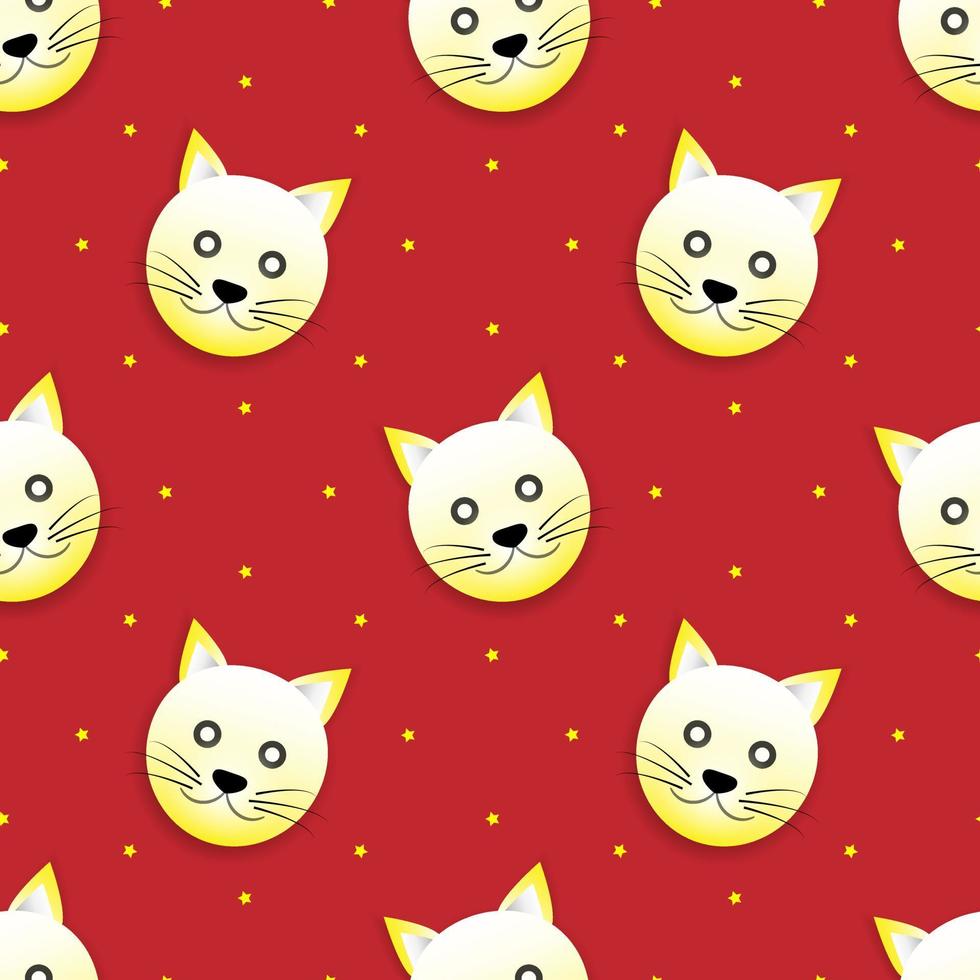vektor illustration av katt djur ansikte design i gul färg. röd bakgrund. sömlösa mönster för tapeter, bakgrunder, omslag, pappersklipp, klistermärken och tryck på tyg.