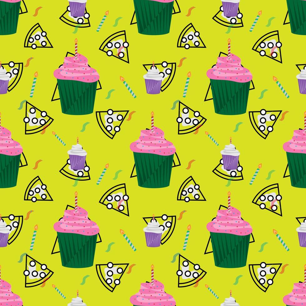 Musterdesign für Kuchen, Pizza und Kerzen. gelber Hintergrund. Lebensmitteldesign für Tapeten, Kulissen, Cover, Verkauf, Aufkleber und Grafikdesign. Vektor-Illustration vektor