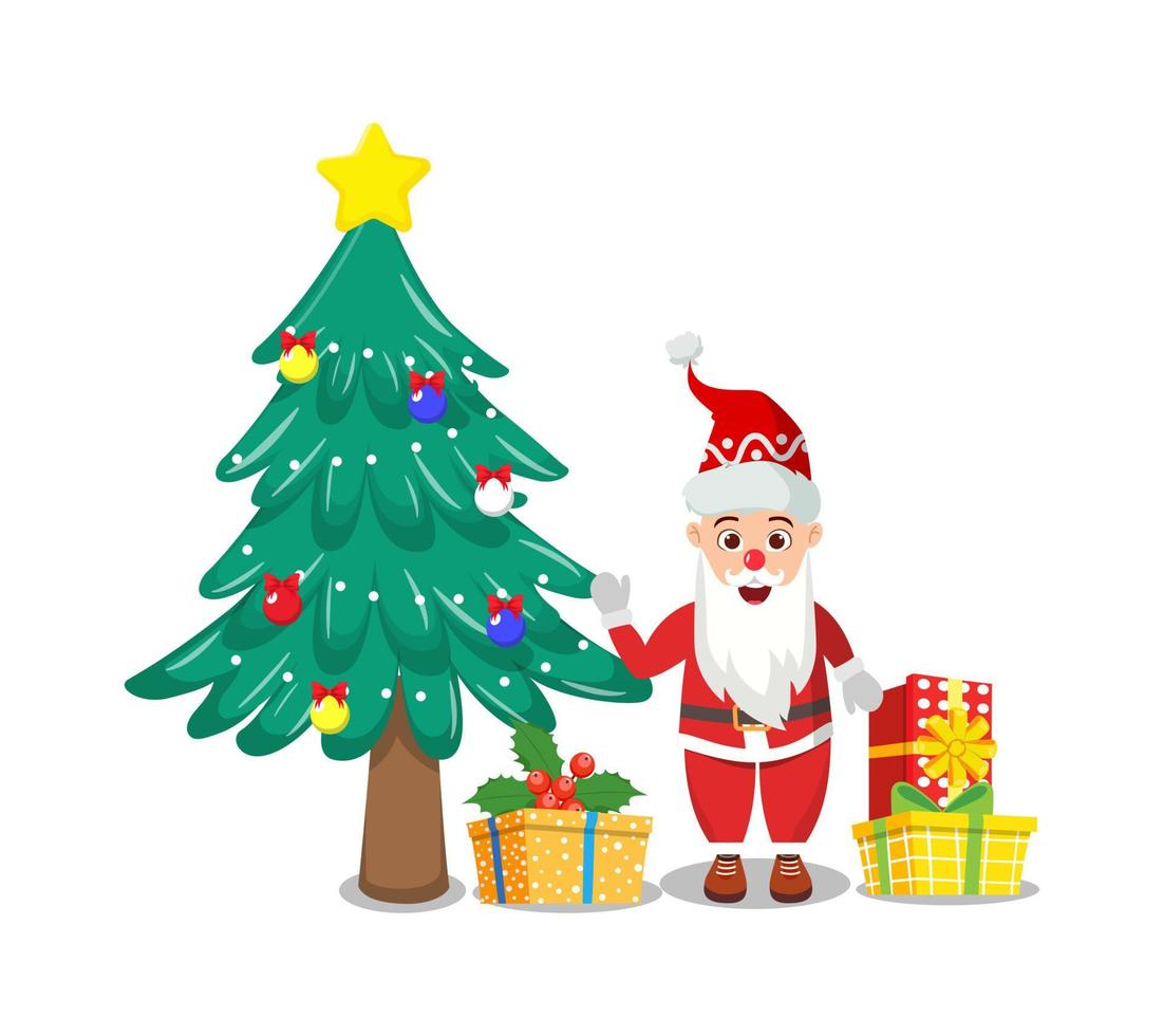 süßer schöner Weihnachtsmann, der Weihnachtsoutfit trägt und bunt winkt und Geschenkboxen hält und mit Weihnachtsbaum isoliert vektor