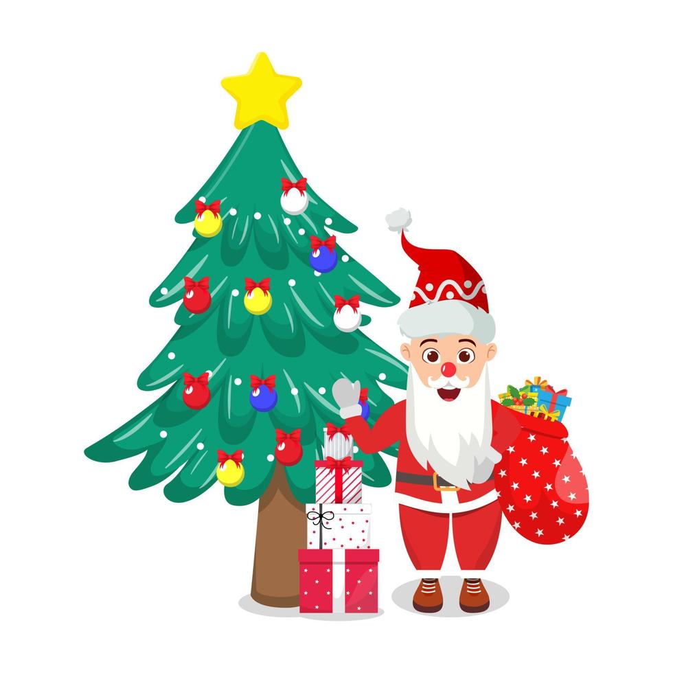 süßer schöner Weihnachtsmann, der Weihnachtsoutfit trägt und bunt winkt und Geschenkboxen hält und mit Weihnachtsbaum vektor