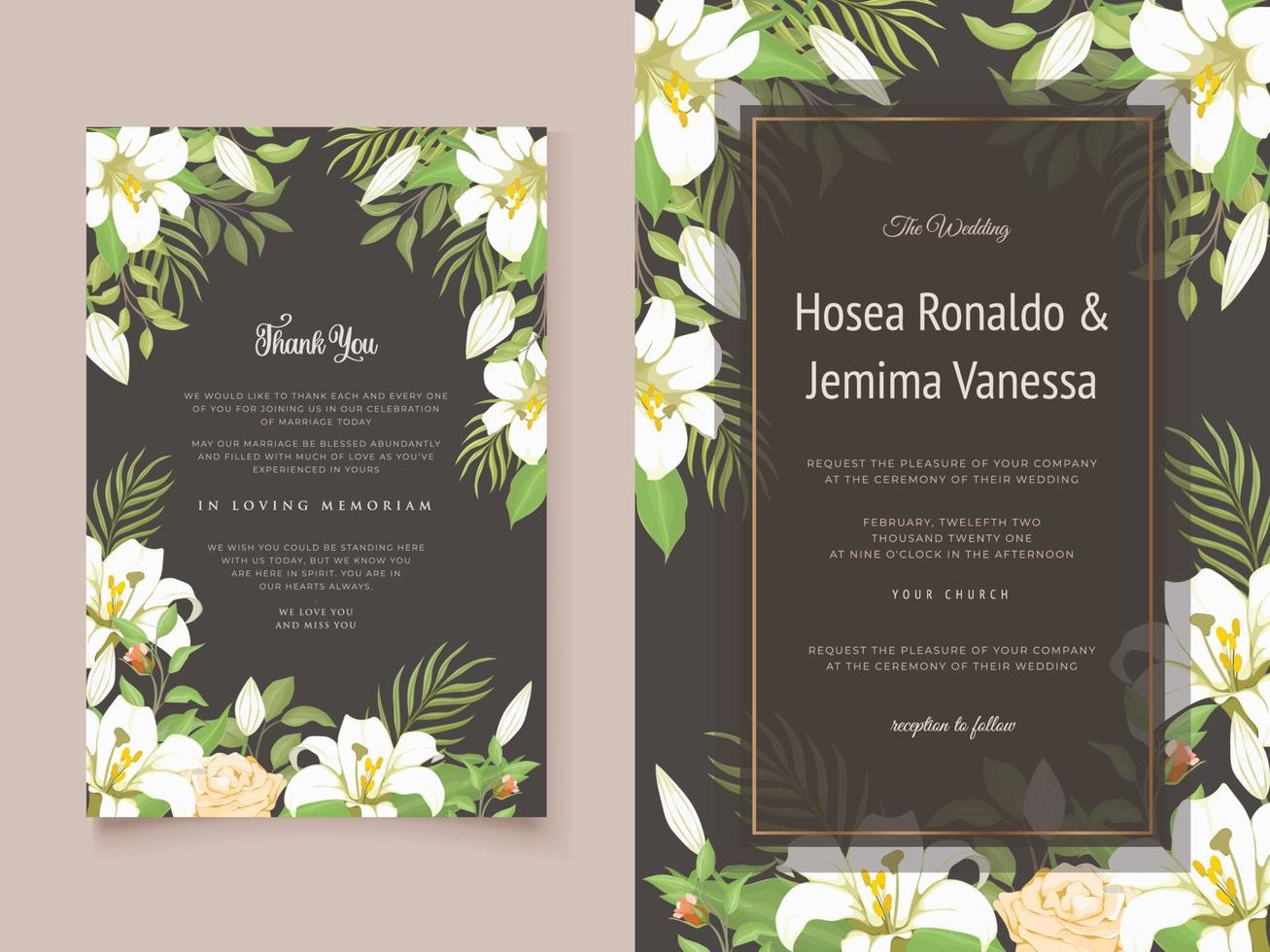 wunderschöne Hochzeitseinladungskarte mit Lilienblüten vektor