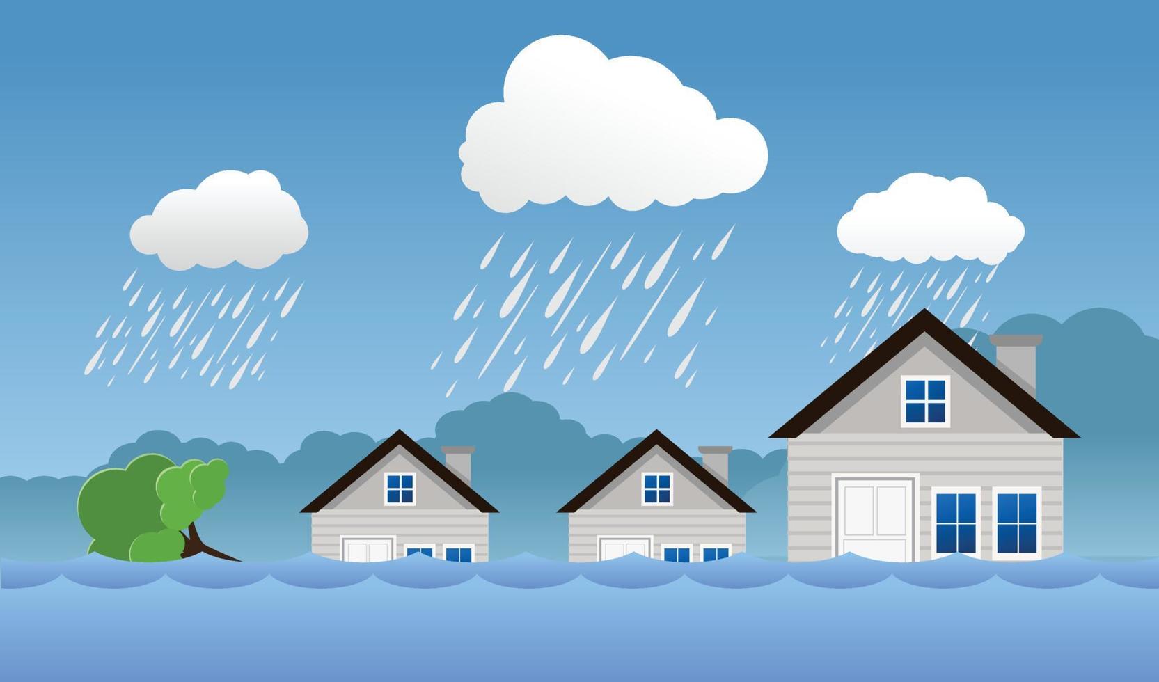 Naturkatastrophe mit Haus überschwemmen, starker Regen und Sturm, Schaden mit Haus, Wolken und Regen, Überschwemmungswasser in der Stadt, überflutetes Haus. vektor