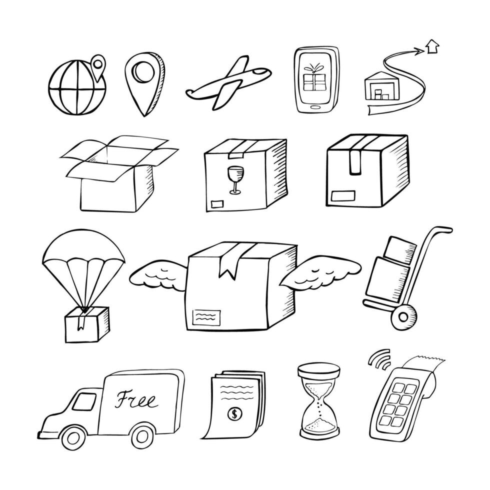 uppsättning av ritad för hand leverans ikoner. innehåller sådan ikoner som låda, transport, tid, uppkopplad kolla upp, Karta, paket och Övrig ikoner. vektor