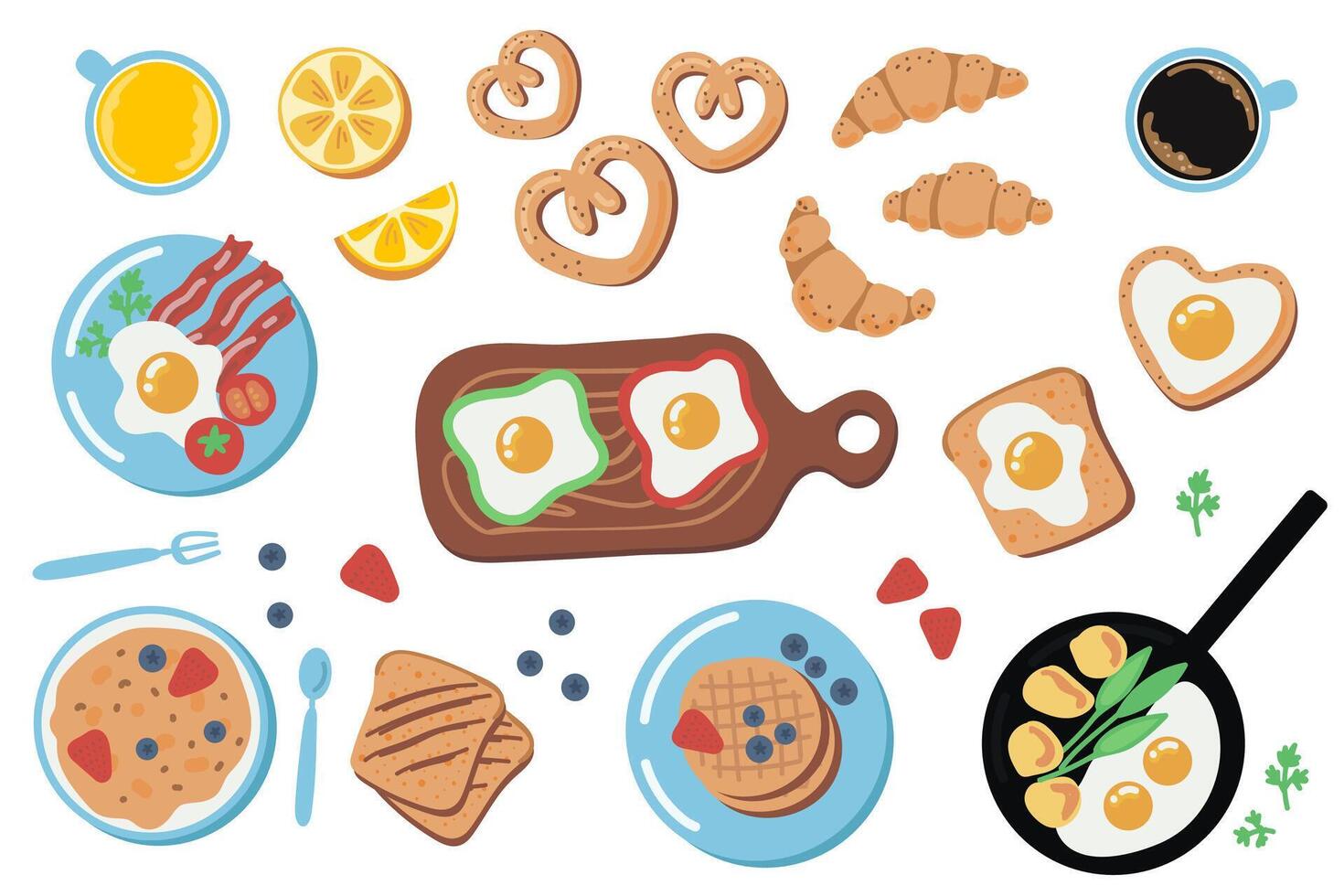 Frühstück Mahlzeit Satz. Sammlung von Essen Symbole. Ei, Kaffee, Toast, Orange Saft, Speck, Pfannkuchen, Frucht, Croissant. vektor