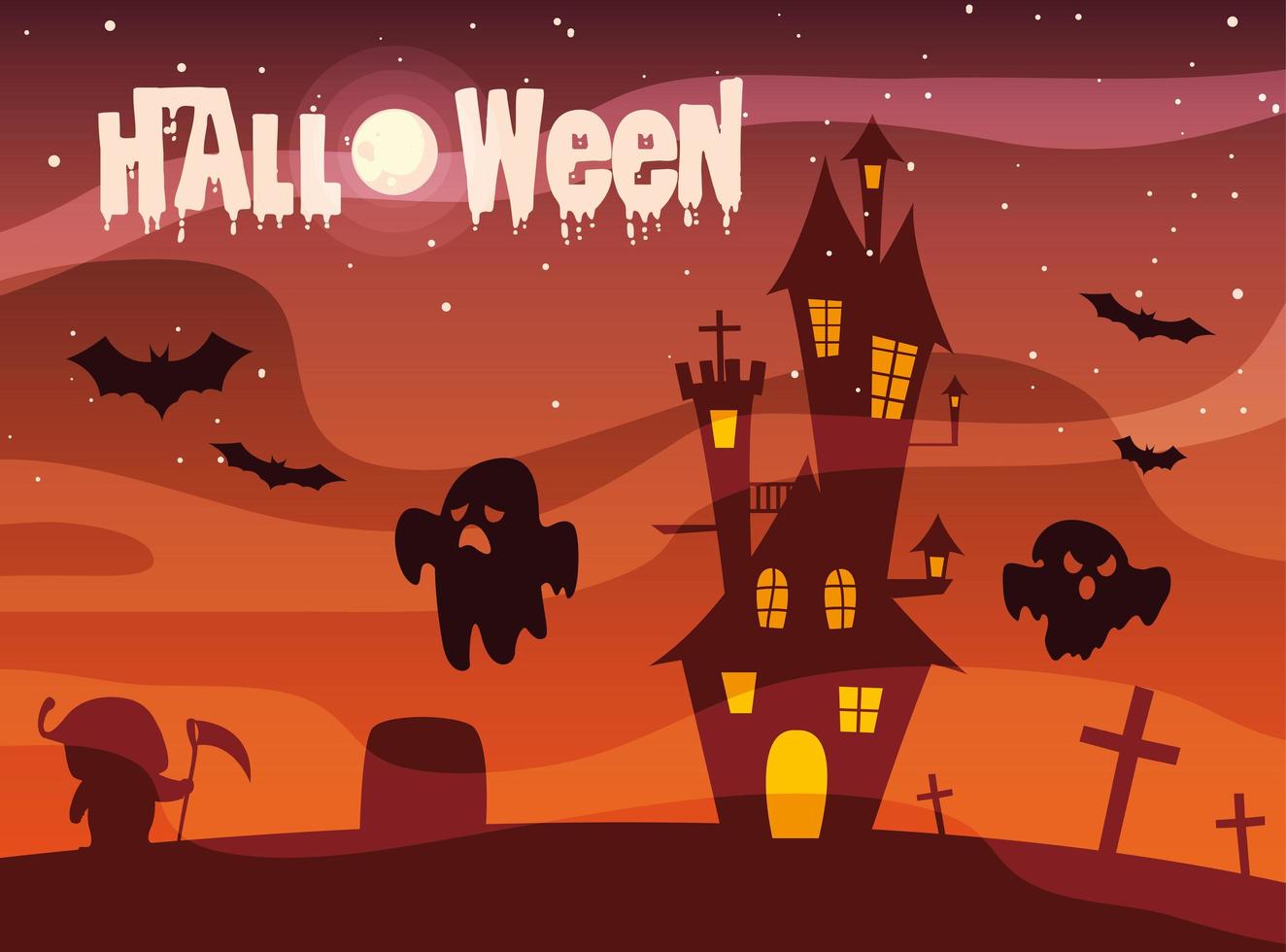 affisch av halloween med slott och spöken vektor