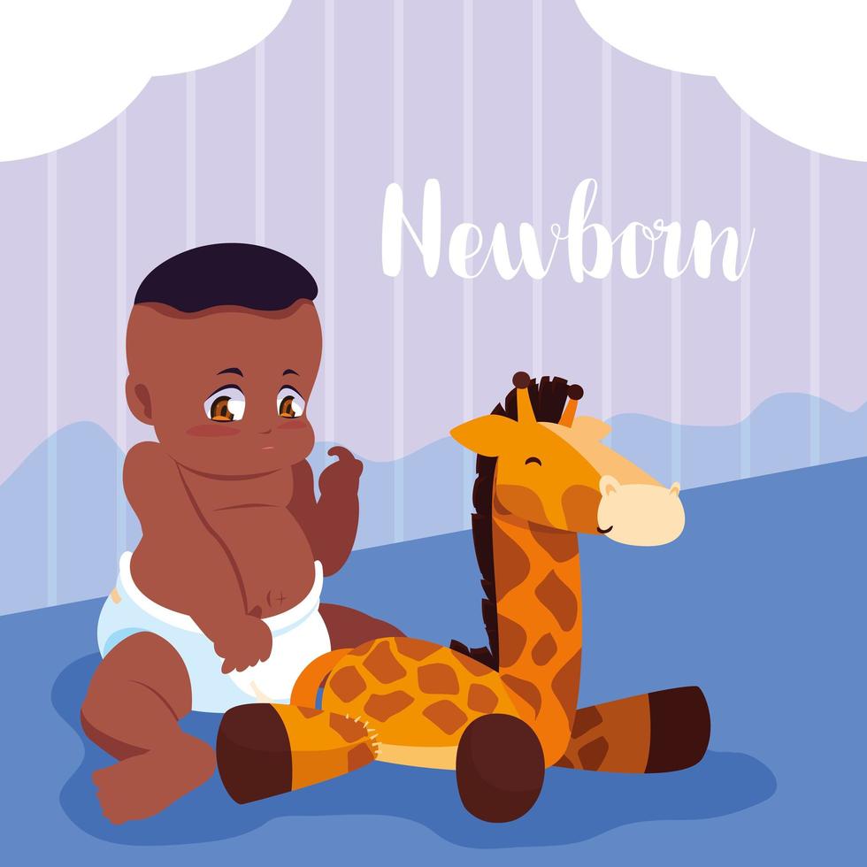 Neugeborene Karte mit Baby Boy Afro und Giraffe Stofftier vektor