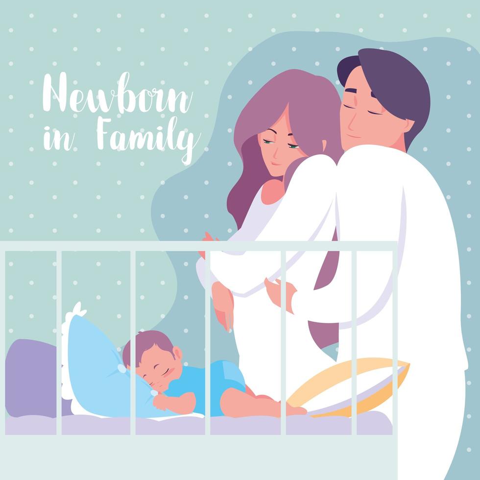 Neugeborenes in der Familie mit Eltern und Baby, das in der Krippe schläft vektor