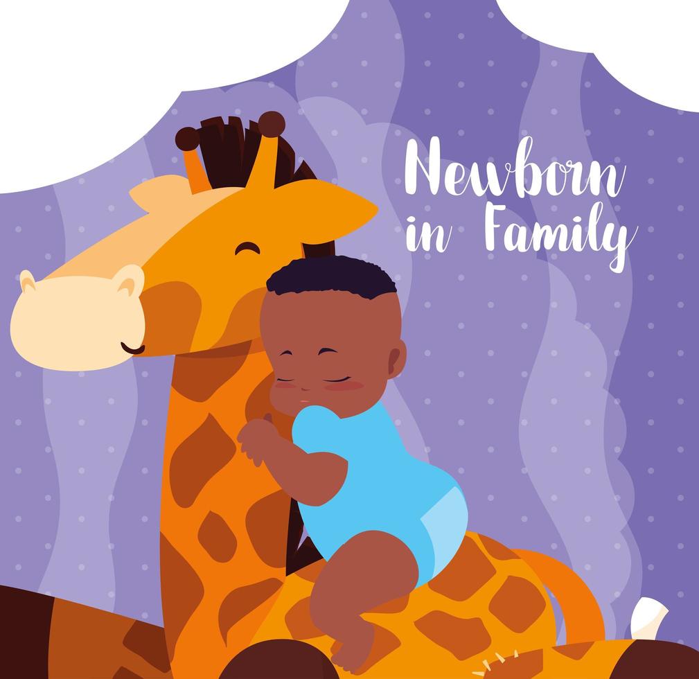 Neugeborenes in Familienkarte mit Baby Afro und Giraffe gefüllt vektor
