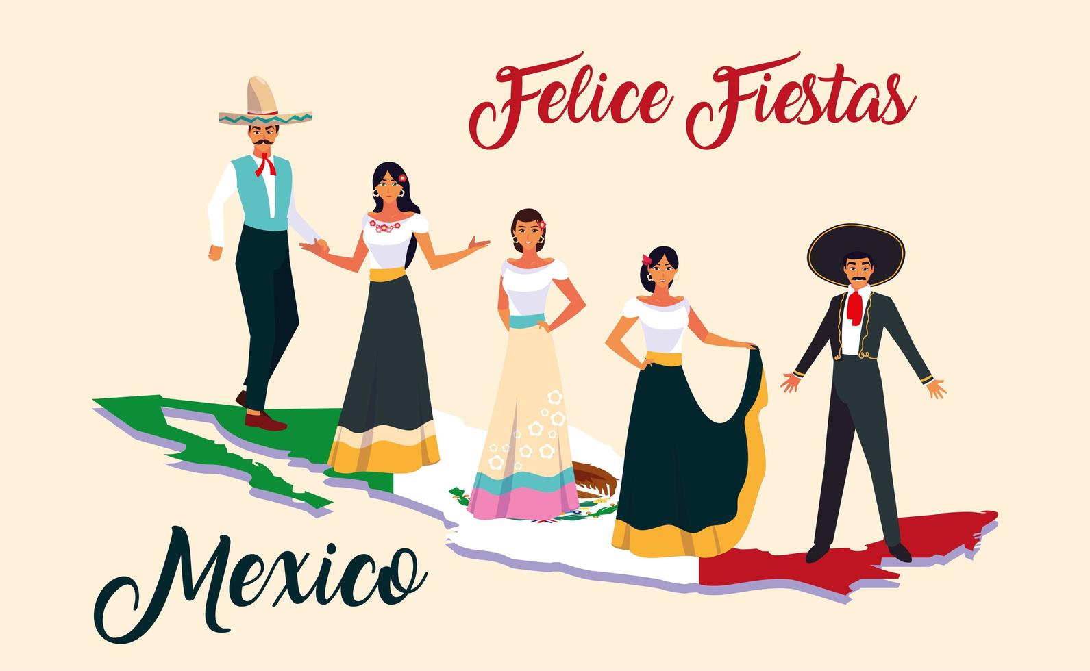 grupp människor med etiketten felices fiesta mexico vektor