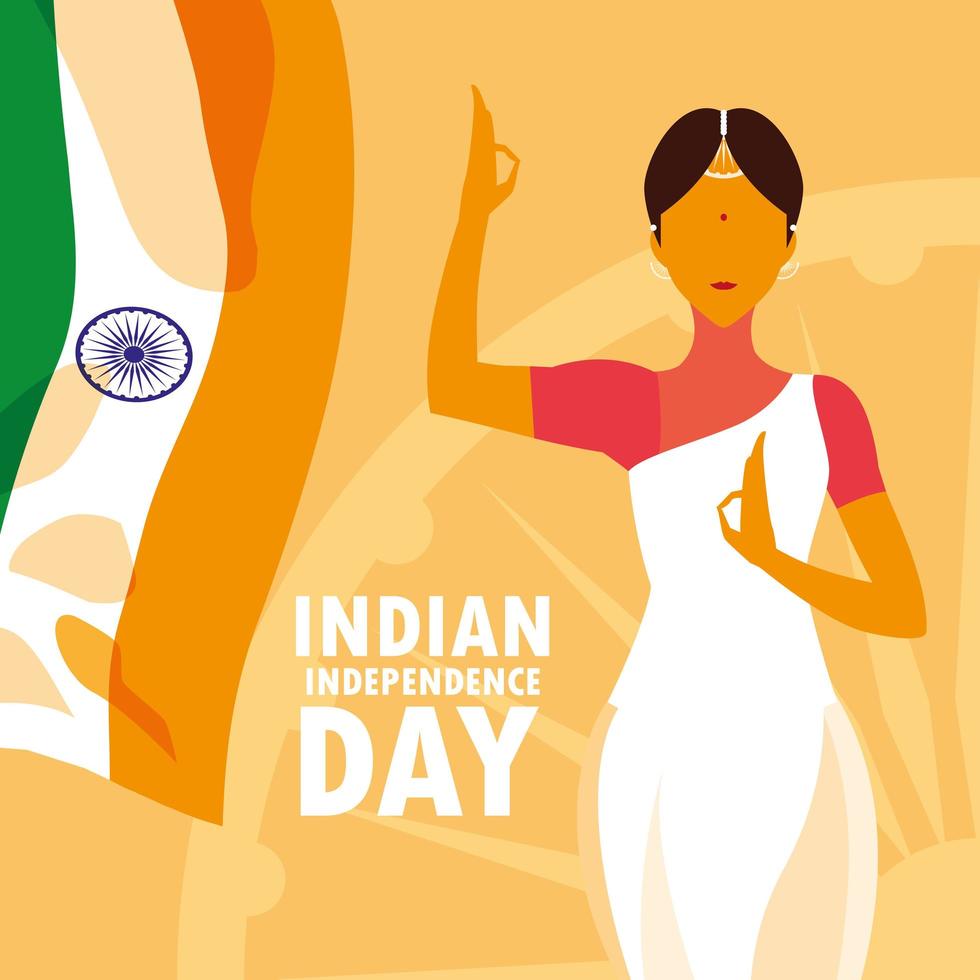 indiska självständighetsdagen affisch med kvinna och flagga vektor