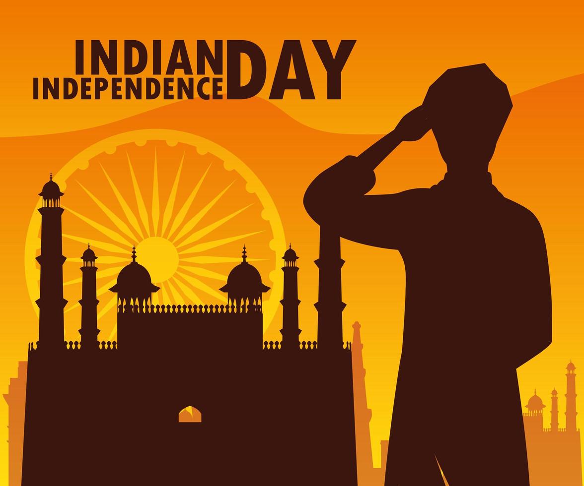 Unabhängigkeitstag indisches Etikett mit Silhouette Mann vektor