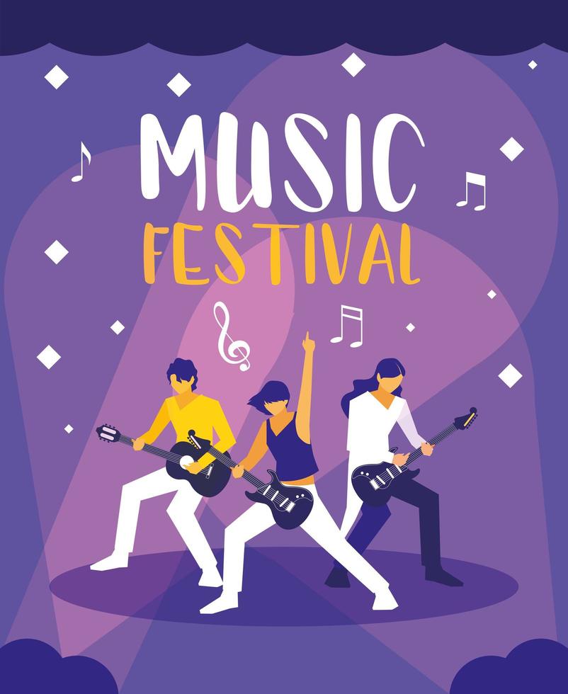 Musikfestivalplakat mit Leuten, die E-Gitarre spielen vektor