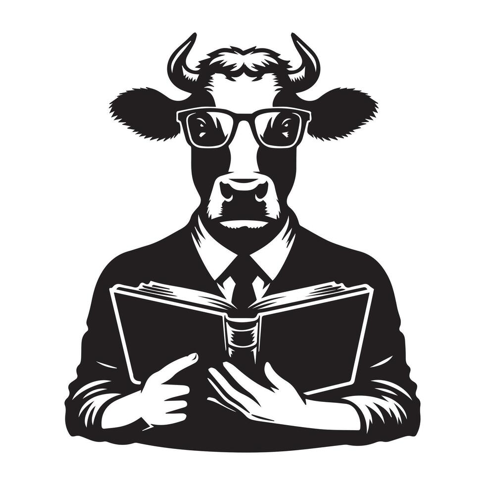 Illustration von ein Lehrer Kuh mit Brille und ein Buch im schwarz und Weiß vektor