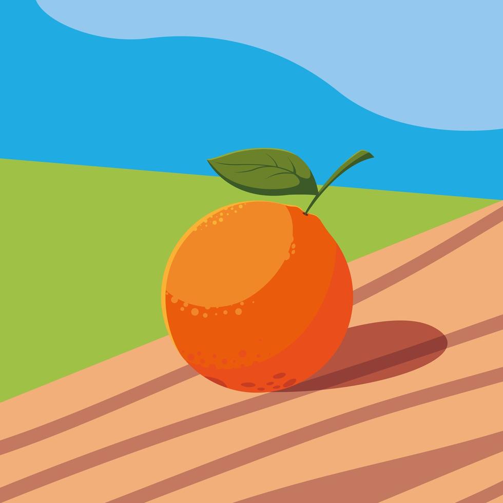 färsk apelsin frukt i träbord och landskap vektor