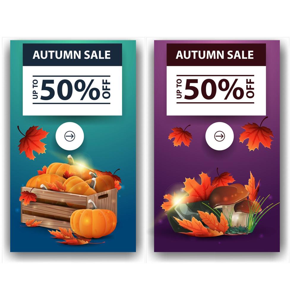 Herbstverkauf, zwei Rabattbanner mit Holzkisten mit reifen Kürbissen, Herbsttraufen, Pilzen und Herbstblättern vektor