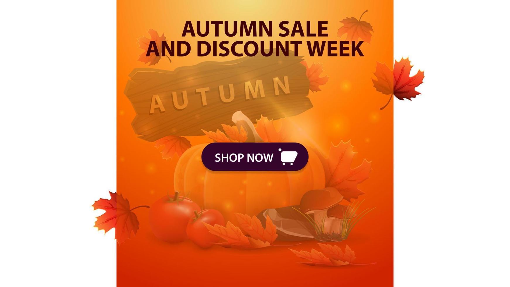 Herbstverkauf und Rabattwoche, horizontales orangefarbenes Rabatt-Webbanner mit Gemüseernte und einem Holzschild vektor