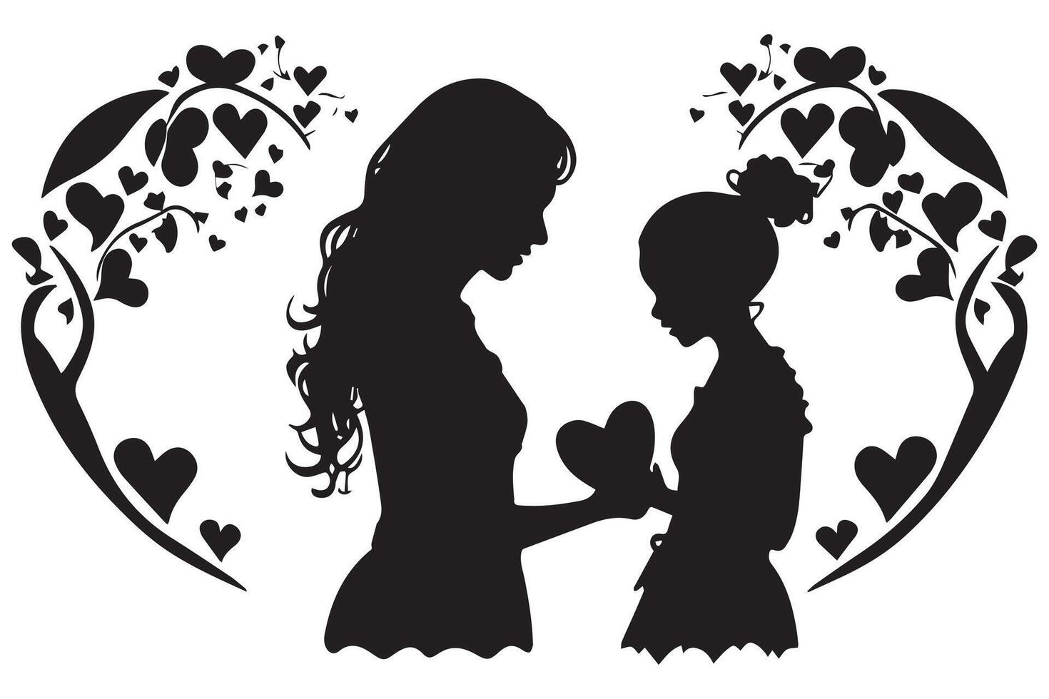 silhuetter av en ung kvinna med en bebis och hjärtan på en bakgrund vektor