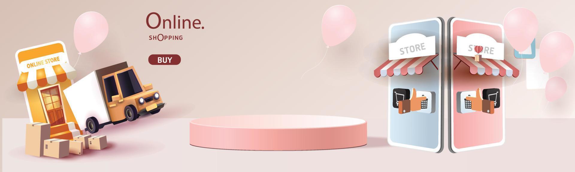 Online-Shopping am Telefon mit Podium Papierkunst moderner rosa Hintergrund Geschenkbox Illustration Vektor. vektor