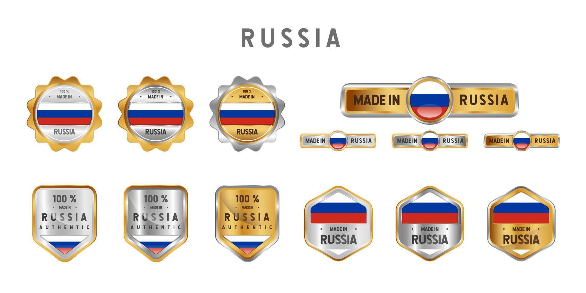 Hergestellt in Russland Etikett, Stempel, Abzeichen oder Logo. mit der Nationalflagge Russlands. auf Platin-, Gold- und Silberfarben. Premium- und Luxusemblem vektor