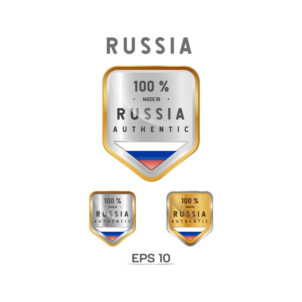 Hergestellt in Russland Etikett, Stempel, Abzeichen oder Logo. mit der Nationalflagge Russlands. auf Platin-, Gold- und Silberfarben. Premium- und Luxusemblem vektor