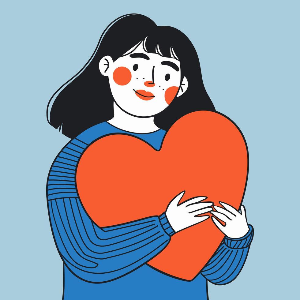 söt tecknad serie kvinna innehav stor röd hjärta. kärlek, välgörenhet, hjälp, hälsa och vård begrepp vektor