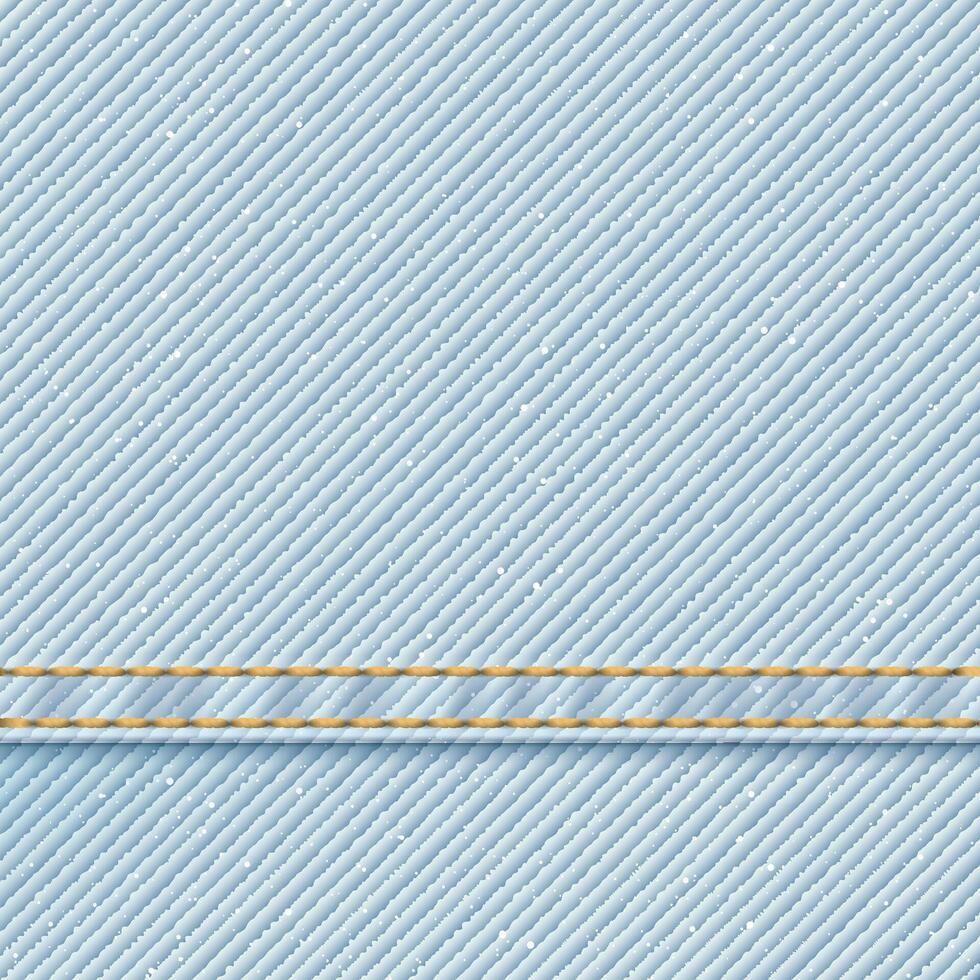 denim blå jean textil- urblekt tillstånd mönster fyrkant bakgrund med guld sömmar och veck illustration. vektor