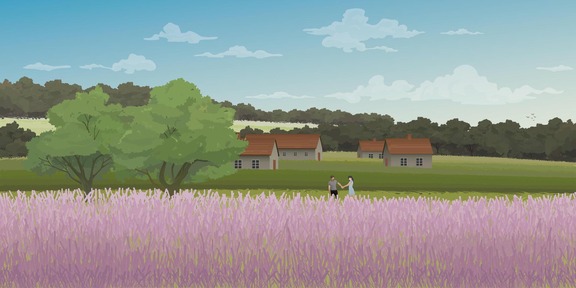 par av älskare händer innehav tillsammans på lavendel- fält på de kulle ha Land hus och berg räckvidd Bakom illustration. vektor