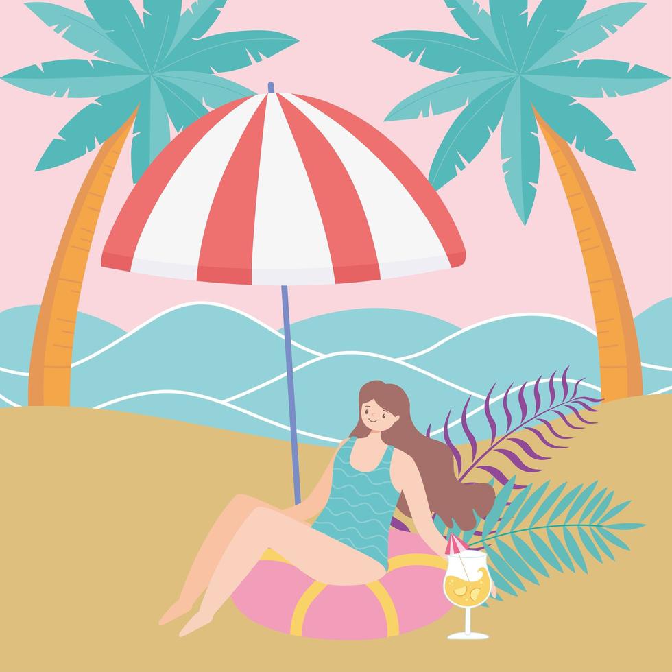 sommartid strand kvinna dricka cocktail avkopplande under paraply semester turism vektor