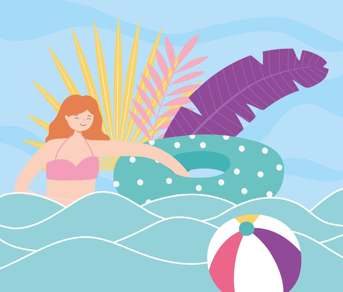 Sommerzeit Mädchen mit Schwimmer im Meer mit Ball Strandurlaub Tourismus vektor
