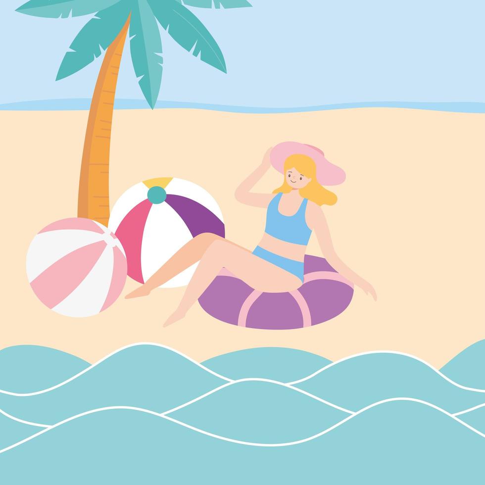 sommartid flicka med hatt flyta och bollar i strand semester turist vektor
