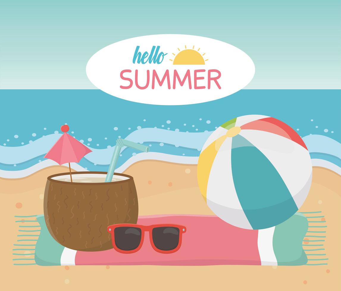 hej sommar resor och semester badboll kokos cocktail solglasögon handduk i strand havet vektor
