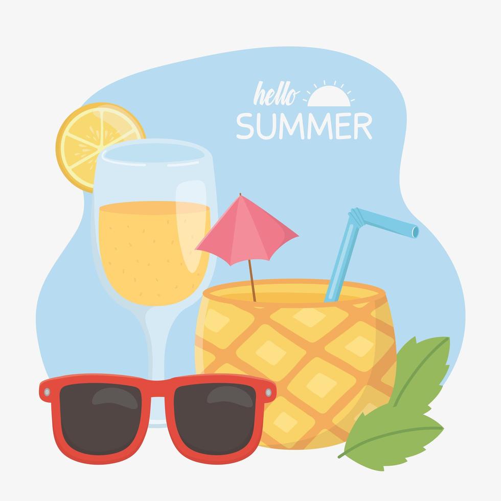 Sommer Reisen und Urlaub Ananas Sonnenbrille Cocktail mit Zitrone vektor