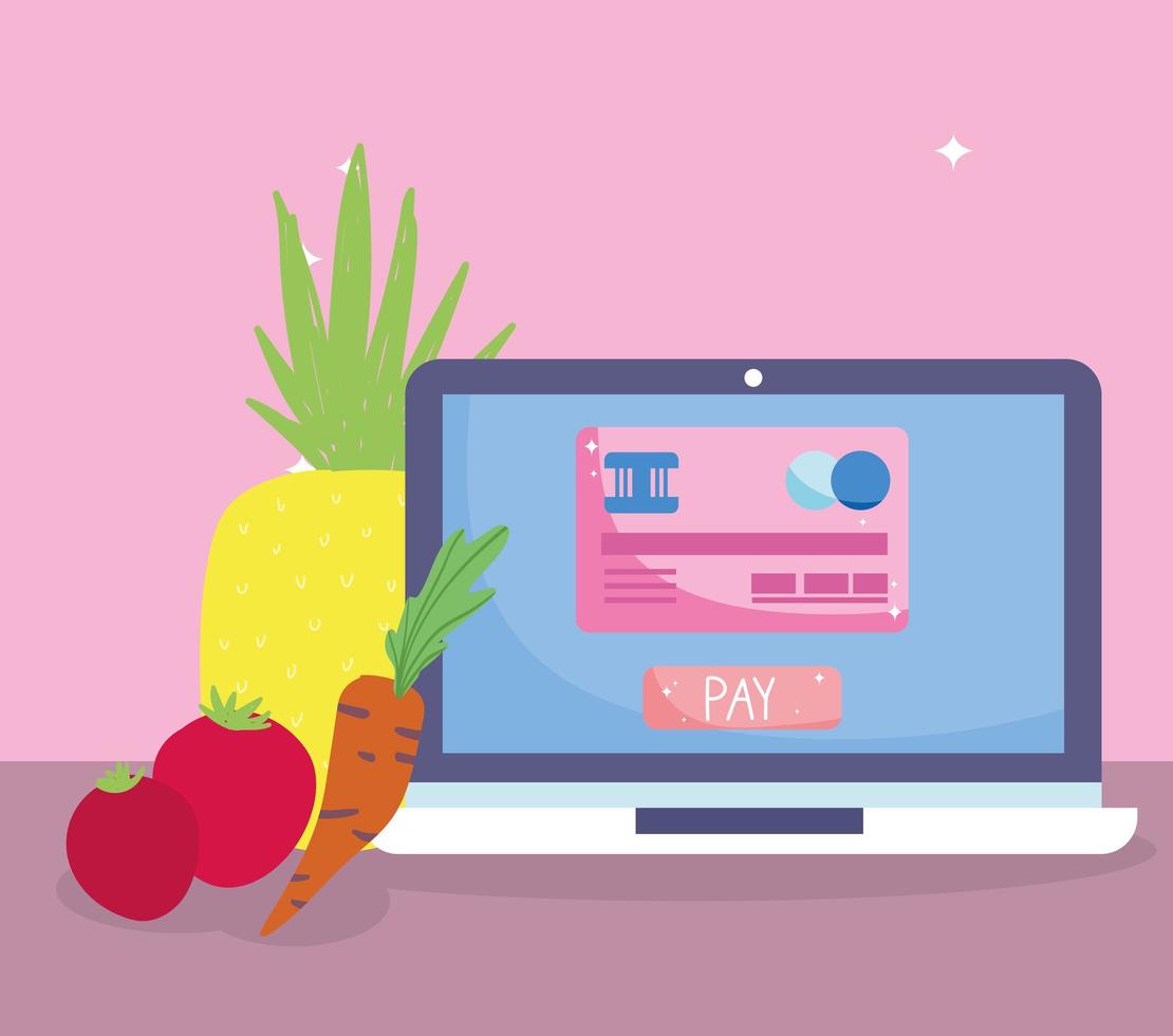 Online-Markt, Laptop-Zahlungstaste Obstgemüse, Lebensmittellieferung im Lebensmittelgeschäft vektor