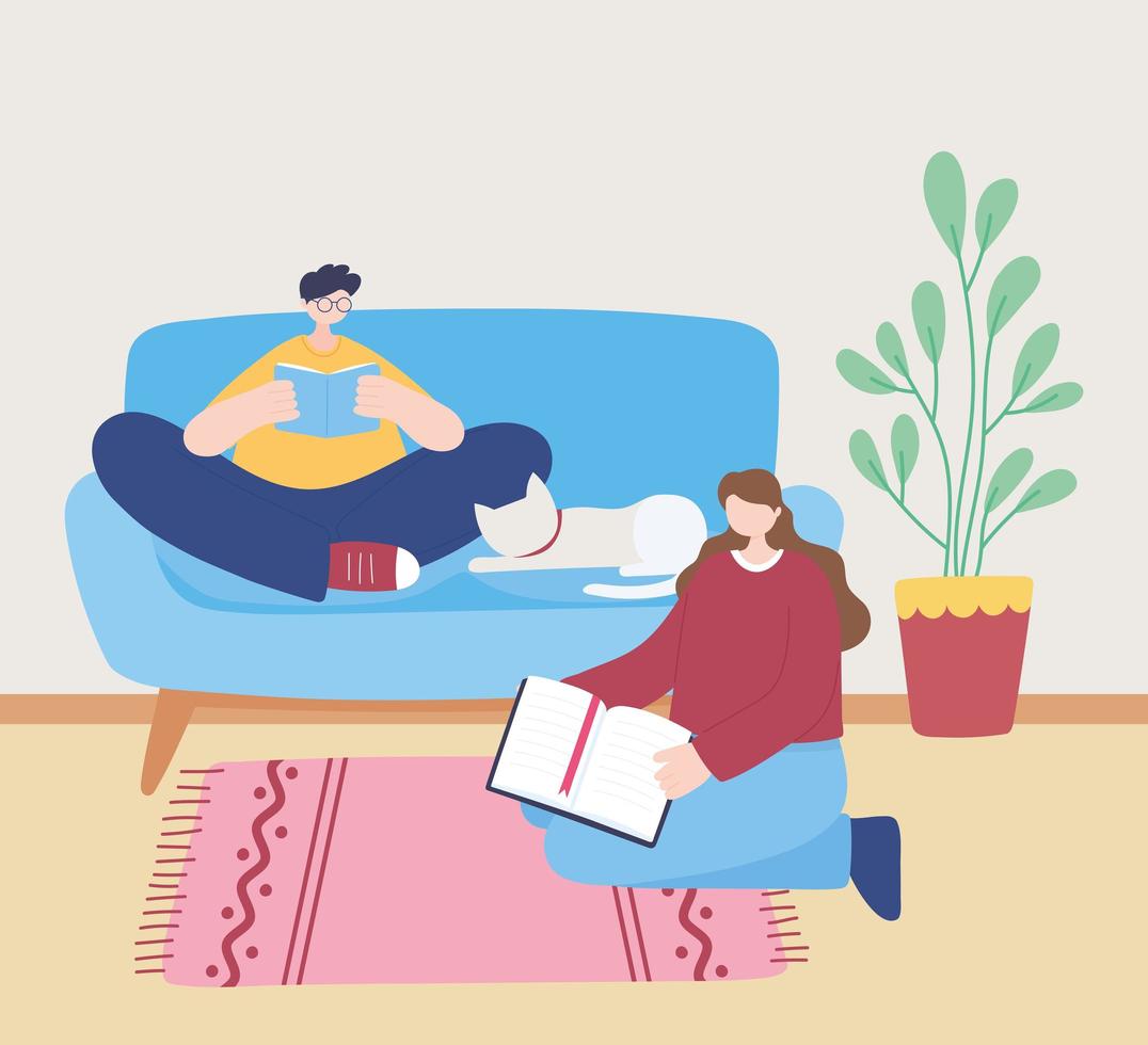 Bleiben Sie zu Hause, Mädchen und Jungen lesen Buch auf dem Sofa mit Katze, Selbstisolation, Aktivitäten in Quarantäne für Coronavirus vektor